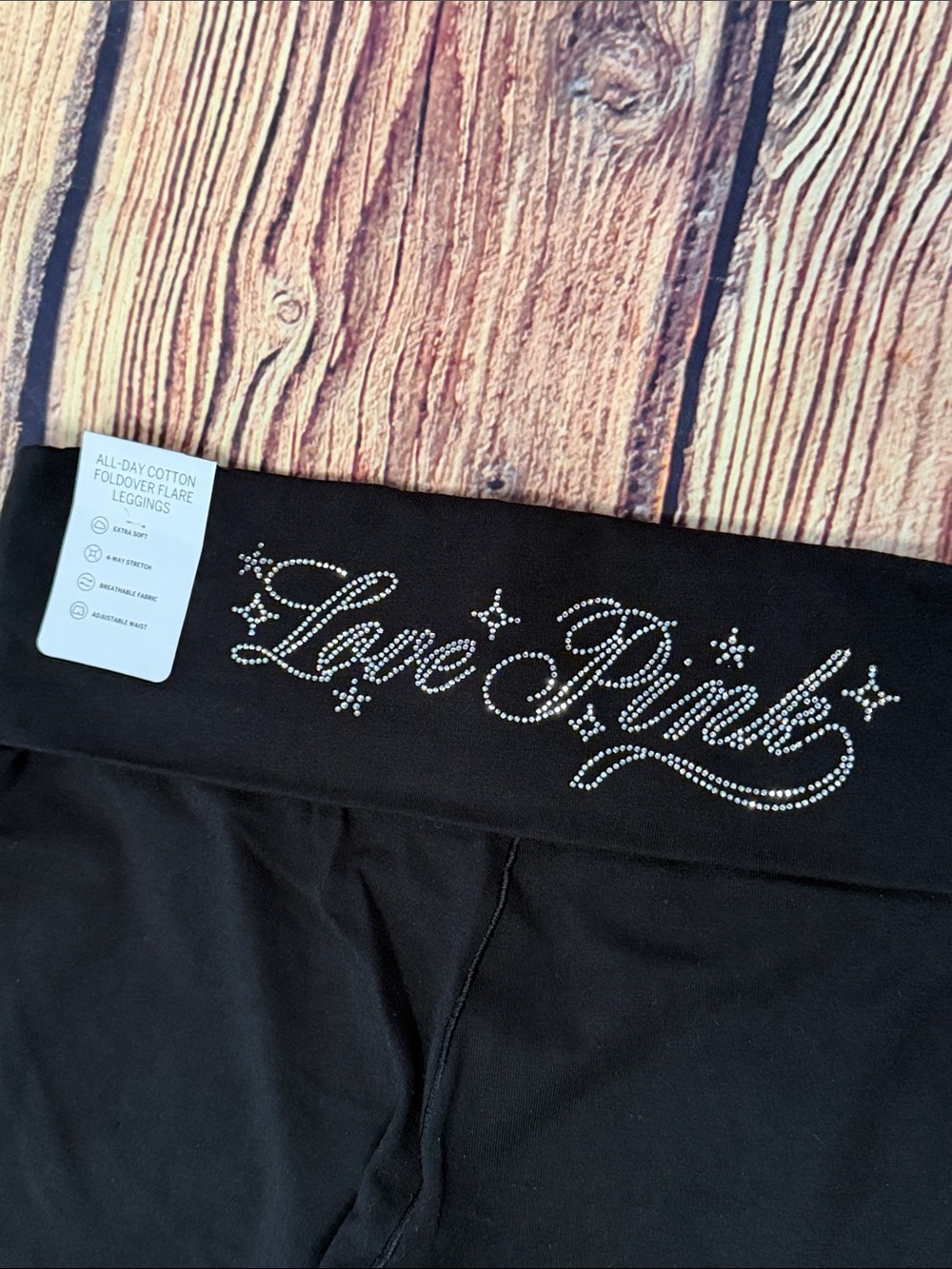 Love Pink Bling Rhinestone Black Fold-Over Flare Yoga Pants - Picture 2 of 11